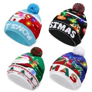 Novelty Christmas LED Knit Beanie Hat Unisex 3 Light Up Modes Whimsical 4‎ Pack
